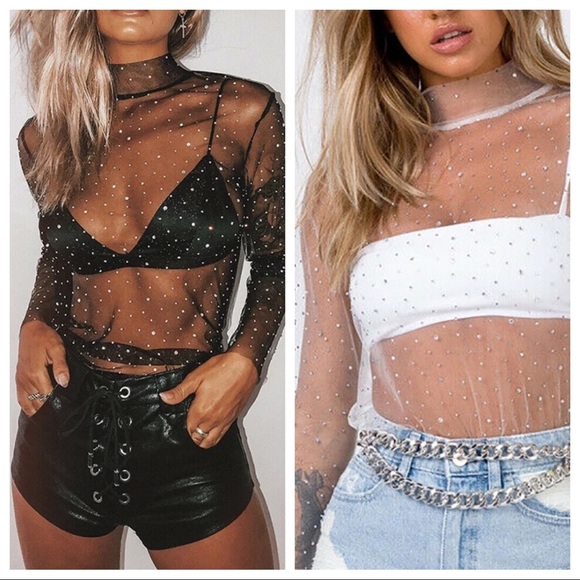 Guys2 Tops - Sheer Sparkly Long Sleeve Mesh Transparent Top